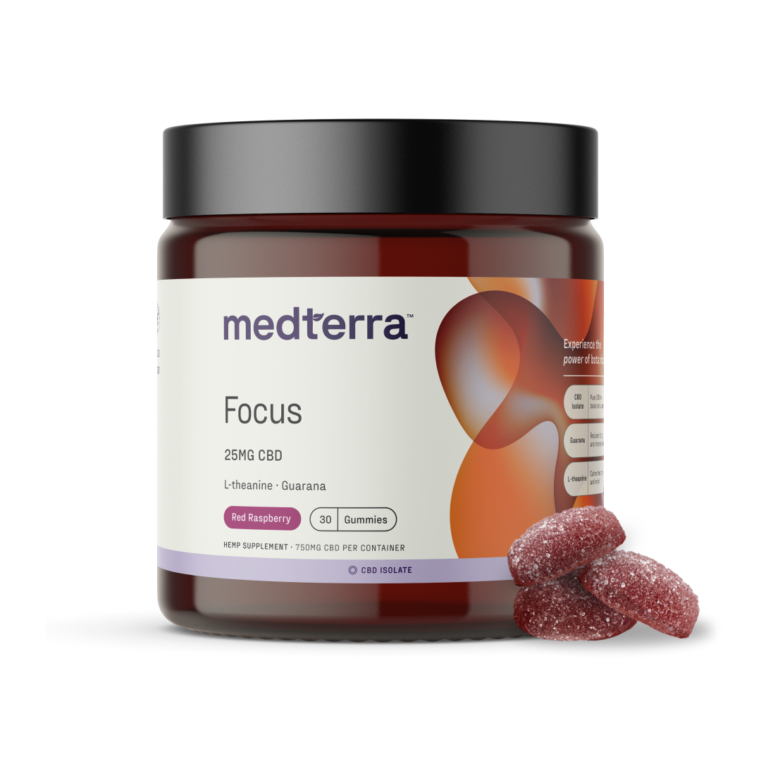 A red container of Medterra Focus CBD Gummies is displayed. The label indicates it contains 25mg CBD, L-theanine, and guarana for cognitive enhancement and sustained energy, featuring a red raspberry flavor and 30 gummies per container. Three red gummies are positioned next to the container.