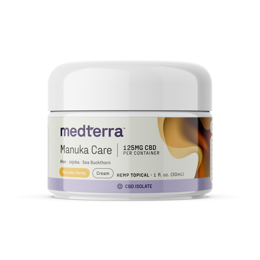 A 1 fl. oz. (30mL) jar of Medterra Manuka Care Cream, containing 125mg of CBD isolate per container. This luxurious hemp topical is formulated with aloe, jojoba, sea buckthorn, and manuka honey for ultimate skincare benefits.