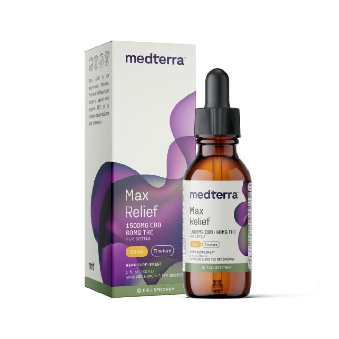A box and dropper bottle of Medterra Max Relief Full Spectrum CBD Oil, crafted from organically grown hemp, are displayed. The box specifies that each bottle contains 1500mg of True Full Spectrum CBD and 60mg of THC, with a citrus flavor. The brown bottle has a labeled dropper top, and the packaging design showcases a purple and white color scheme.