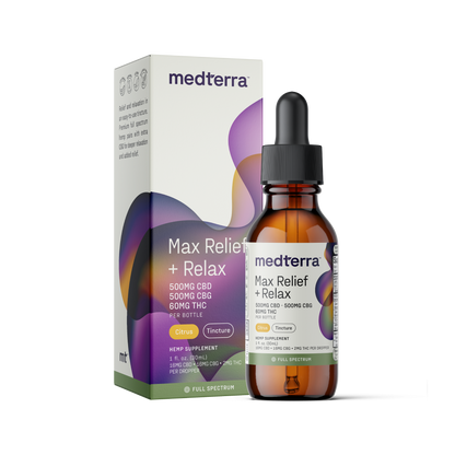 A bottle of Medterra Max Relief + Relax Full Spectrum CBD Oil sits in front of its packaging. The label displays 500mg CBD, 600mg CBG, and 60mg THC with a citrus flavor. The package mirrors the design and details, offering relaxation support through its unique entourage effect combination.