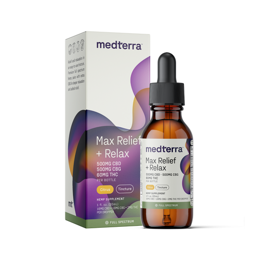 A bottle of Medterra Max Relief + Relax Full Spectrum CBD Oil sits in front of its packaging. The label displays 500mg CBD, 600mg CBG, and 60mg THC with a citrus flavor. The package mirrors the design and details, offering relaxation support through its unique entourage effect combination.