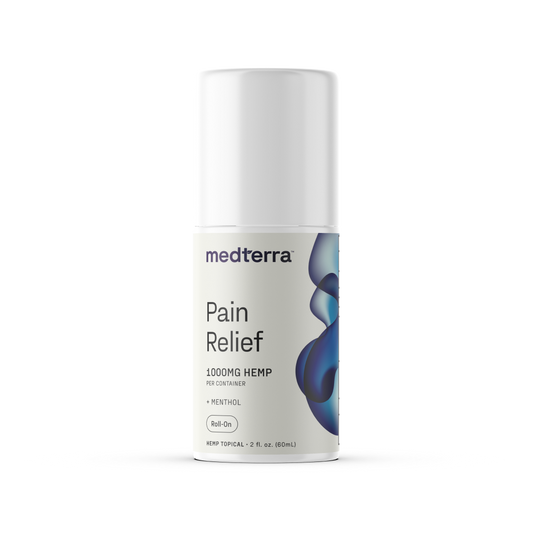 A 2 fl. oz. (60 mL) bottle of Medterra Pain Relief Roll-On is depicted. The label specifies it contains 1000mg of CBD and menthol, making it an excellent choice for easing joint pain. The bottle comes with a white cap and features a white label adorned with blue and gray design elements.