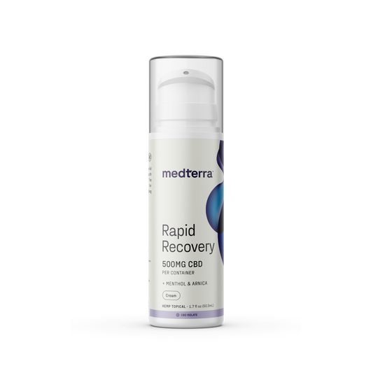 A white cylindrical bottle of Medterra's Rapid Recovery CBD Cream. The front label indicates it contains 500mg of CBD per container and mentions ingredients like menthol and arnica for joint and muscle support. The label background is white with blue and purple design elements, highlighting its THC-free formula.