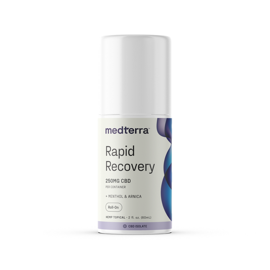 A white cylindrical bottle labeled "Medterra Rapid Recovery CBD Roll On" contains 250mg of CBD, menthol, and arnica. Featuring a roll-on applicator for convenient joint and muscle support, this 2 fl oz (60mL) product offers a rapid cooling effect. The background is plain white.