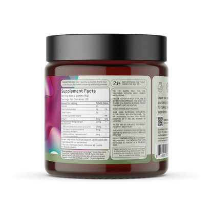 A dark brown plastic jar with a black lid featuring a colorful abstract label. The label displays Supplement Facts and dosage information. This jar is for Medterra's Daily Delight CBD Gummies, with a serving size of 1 gummy and servings per container listed as 20.