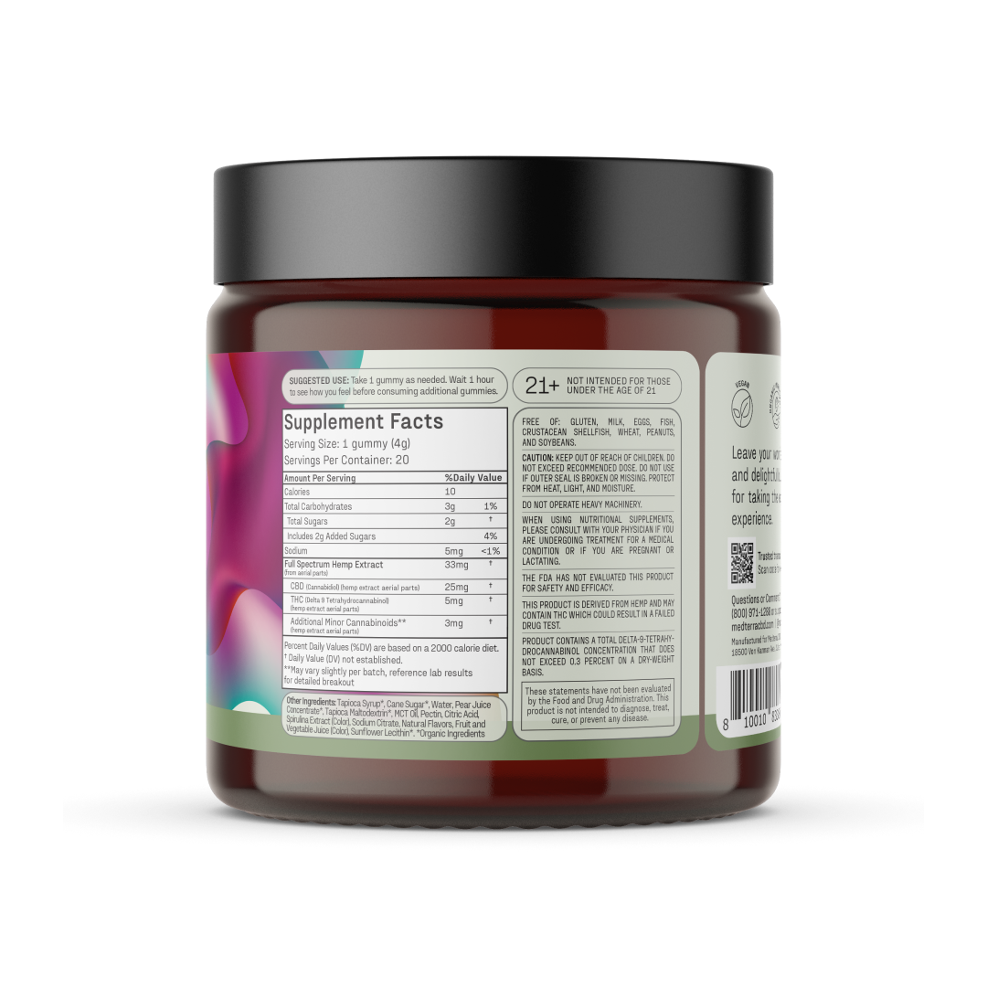 A dark brown plastic jar with a black lid featuring a colorful abstract label. The label displays Supplement Facts and dosage information. This jar is for Medterra's Daily Delight CBD Gummies, with a serving size of 1 gummy and servings per container listed as 20.