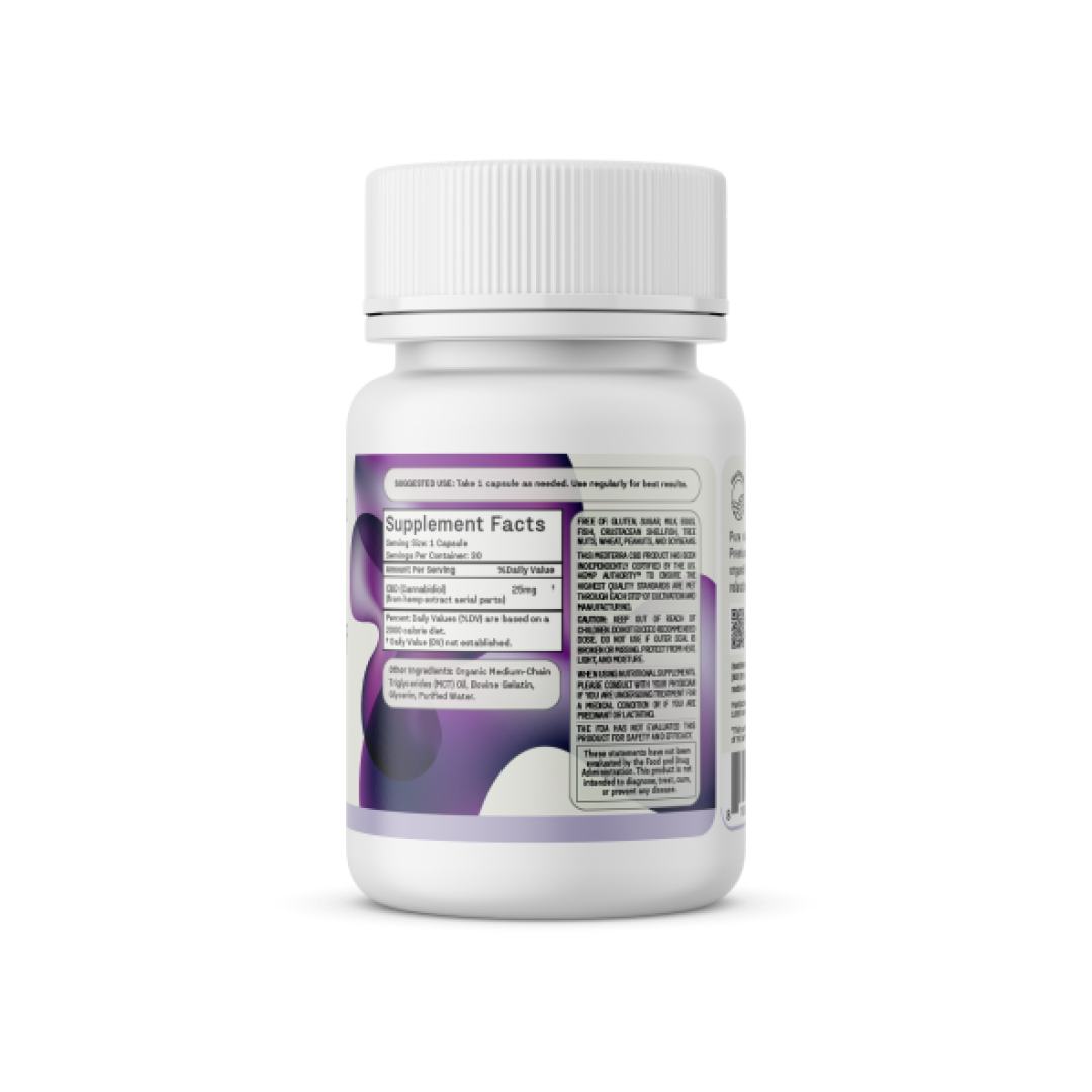 A white bottle of Daily Relief CBD Isolate Capsules by Medterra, featuring a white cap. The label displays "Supplement Facts" with information on serving size, ingredients, and amounts, including organic MCT Coconut Oil. The background showcases a gradient of purple and white abstract shapes. The bottle is set against a plain white backdrop.