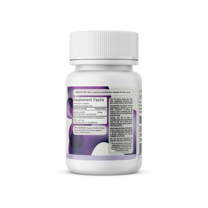 A white bottle of Daily Relief CBD Isolate Capsules by Medterra, featuring a white cap. The label displays "Supplement Facts" with information on serving size, ingredients, and amounts, including organic MCT Coconut Oil. The background showcases a gradient of purple and white abstract shapes. The bottle is set against a plain white backdrop.