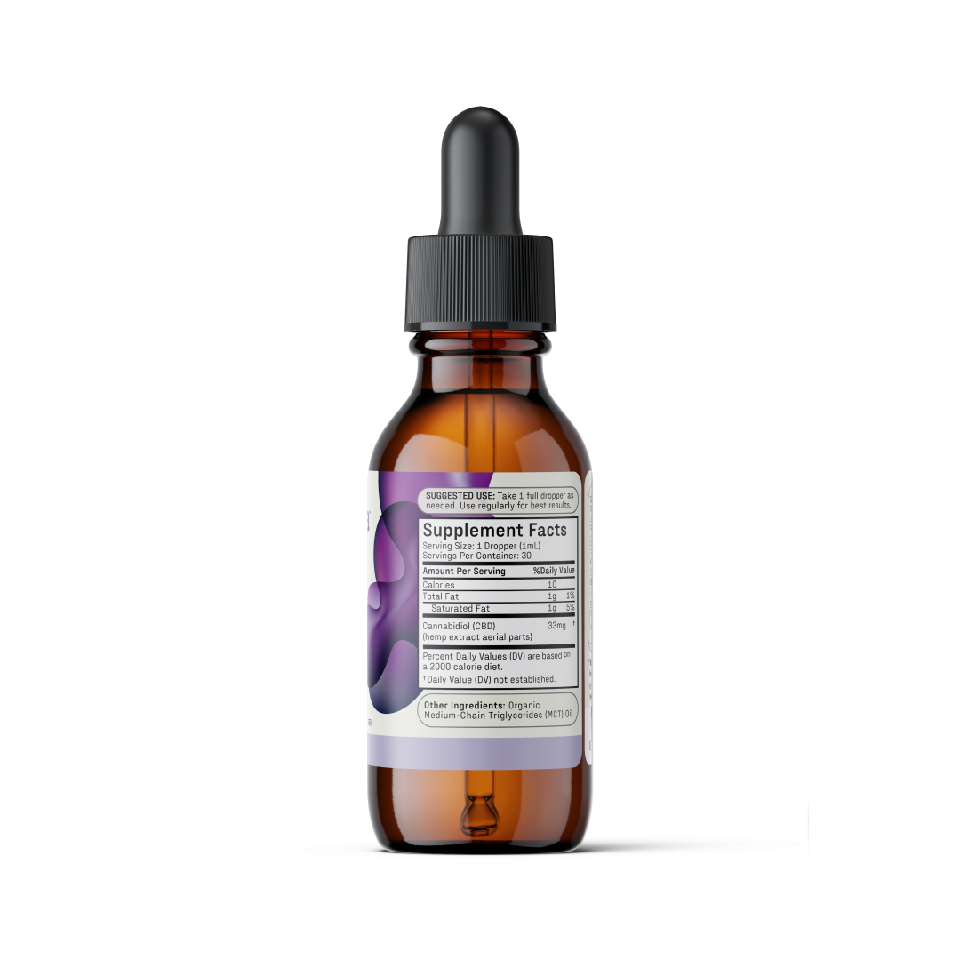A brown glass dropper bottle with a black cap contains Medterra's Daily Relief CBD Isolate Oil. A label is attached to the bottle displaying "Supplement Facts" and a list of ingredients in small text. The background is white, and the bottle is the only object in the image.
