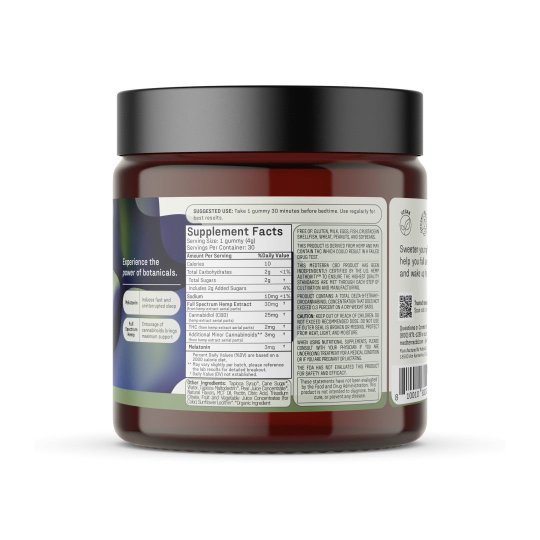 Clear plastic jar with black lid containing Deep Sleep CBD Gummies, a botanical supplement infused with melatonin, from the brand Medterra. The label includes branding, supplement facts, and usage directions. Instructions advise taking one gummy 30 minutes before bedtime. Ingredients and nutritional details are listed on the label.