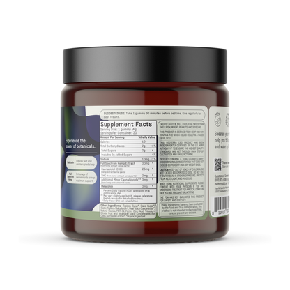 Clear plastic jar with black lid containing Deep Sleep CBD Gummies, a botanical supplement infused with melatonin, from the brand Medterra. The label includes branding, supplement facts, and usage directions. Instructions advise taking one gummy 30 minutes before bedtime. Ingredients and nutritional details are listed on the label.