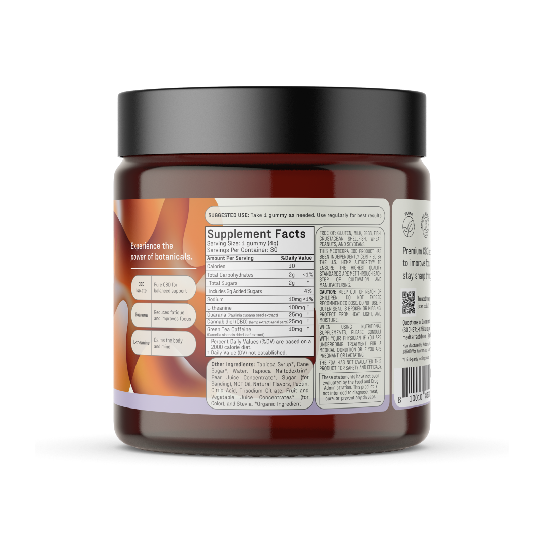 A brown plastic jar with a black lid containing "Focus CBD Gummies" dietary supplements from Medterra. The label features usage instructions and supplement facts, including serving size, and ingredients like organic tapioca syrup and cane sugar. The tagline reads, "Experience the power of botanicals for sustained energy.