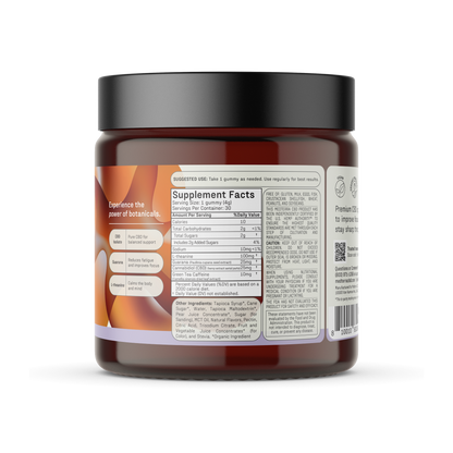 A brown plastic jar with a black lid containing "Focus CBD Gummies" dietary supplements from Medterra. The label features usage instructions and supplement facts, including serving size, and ingredients like organic tapioca syrup and cane sugar. The tagline reads, "Experience the power of botanicals for sustained energy.