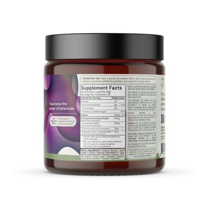 The jar of Max Relief Full Spectrum CBD Gummies from Medterra is brown with a black lid and showcases a label detailing the Supplement Facts and suggested use instructions. This label displays a green and purple abstract design and includes the slogan "Experience the power of botanicals." Inside are CBD gummies infused with Full Spectrum Hemp Extract.