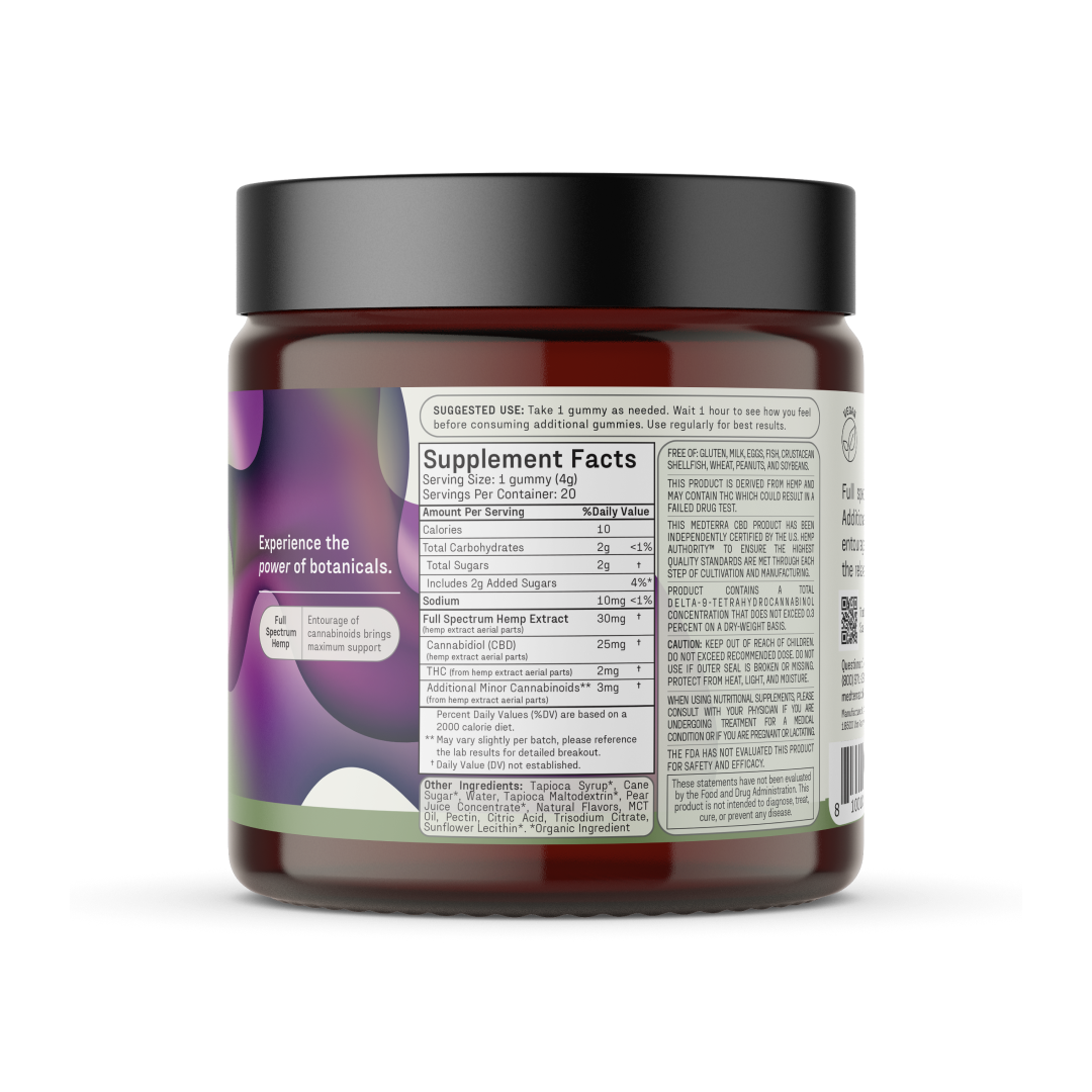 The jar of Max Relief Full Spectrum CBD Gummies from Medterra is brown with a black lid and showcases a label detailing the Supplement Facts and suggested use instructions. This label displays a green and purple abstract design and includes the slogan "Experience the power of botanicals." Inside are CBD gummies infused with Full Spectrum Hemp Extract.
