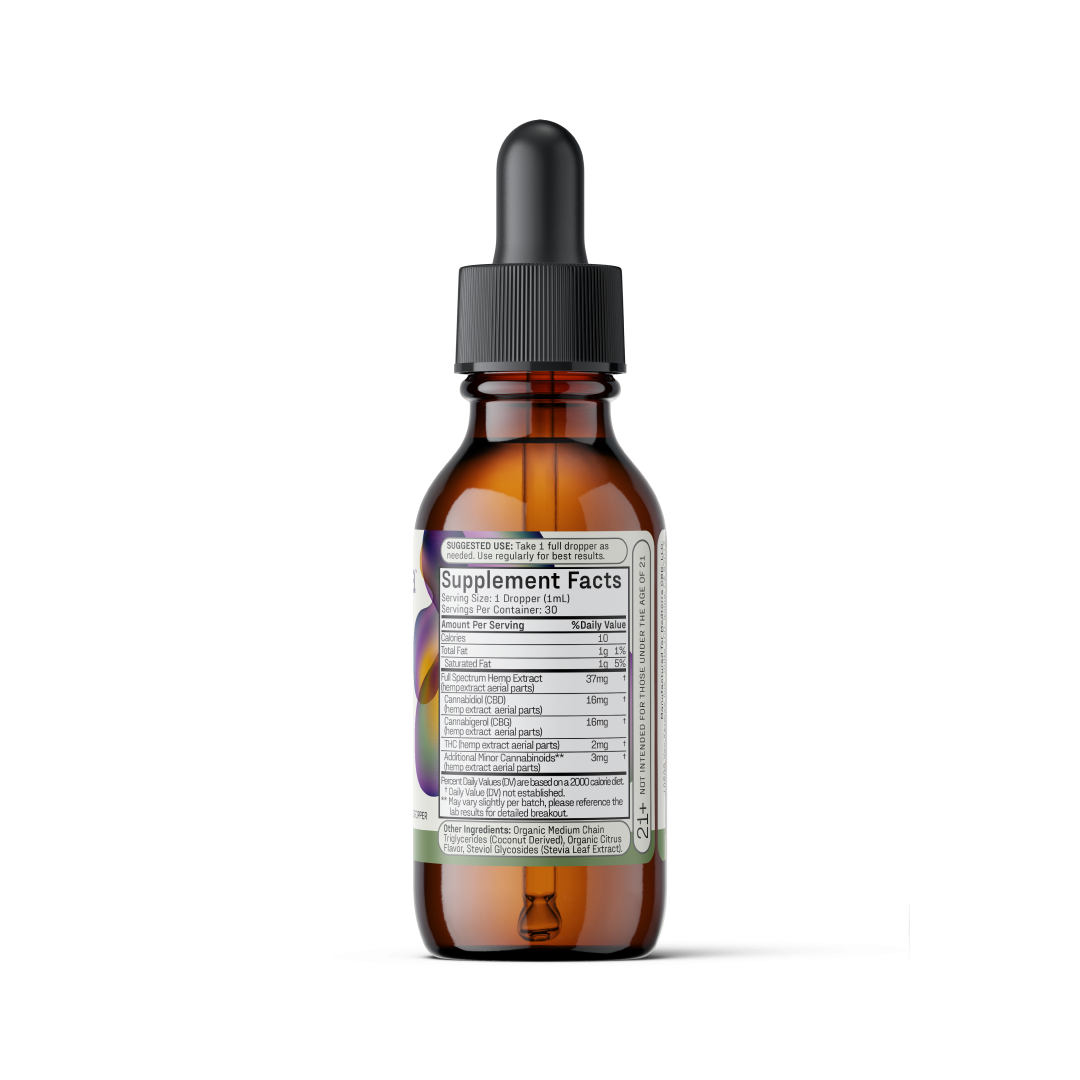A Medterra Max Relief + Relax Full Spectrum CBD Oil comes in a brown glass dropper bottle with a black cap and pipette. The front label features a Supplement Facts panel detailing the contents, denoting it as a CBD+CBG Full Spectrum Tincture designed for relaxation support. The bottle is displayed against a plain white background.