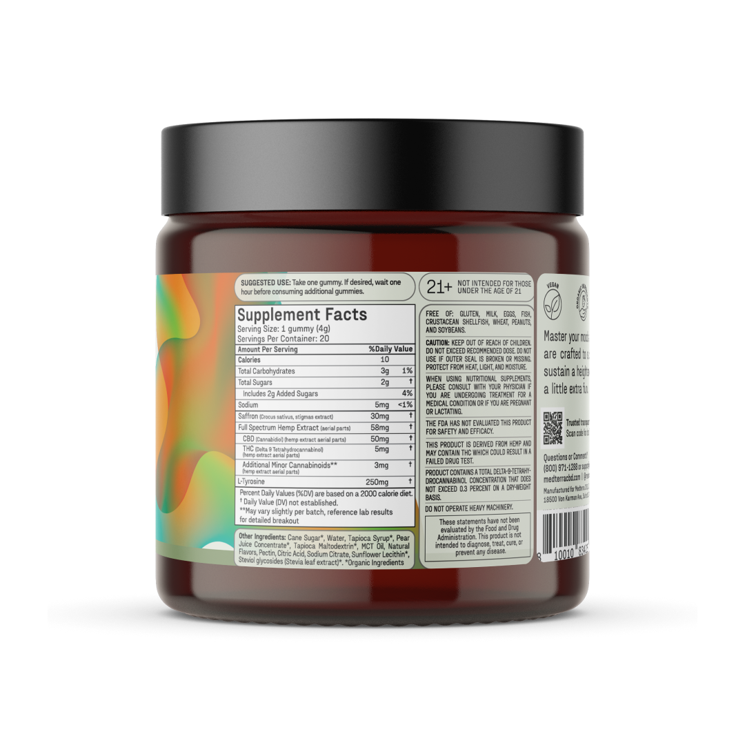A brown jar with a black lid, containing Mood Boost CBD Gummies from Medterra. The label features colorful abstract designs and detailed supplement facts, including serving size and nutritional information. The right side of the label includes usage instructions and warnings.