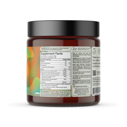 A brown jar with a black lid, containing Mood Boost CBD Gummies from Medterra. The label features colorful abstract designs and detailed supplement facts, including serving size and nutritional information. The right side of the label includes usage instructions and warnings.