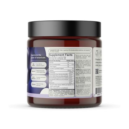 A brown cylindrical container labeled "Sleep Tight CBD Gummies" from Medterra, featuring a black lid. The label on the front includes suggested use, supplement facts, and ingredients. The text highlights its purpose of supporting relaxation and quality sleep with melatonin for enhanced sleep support.