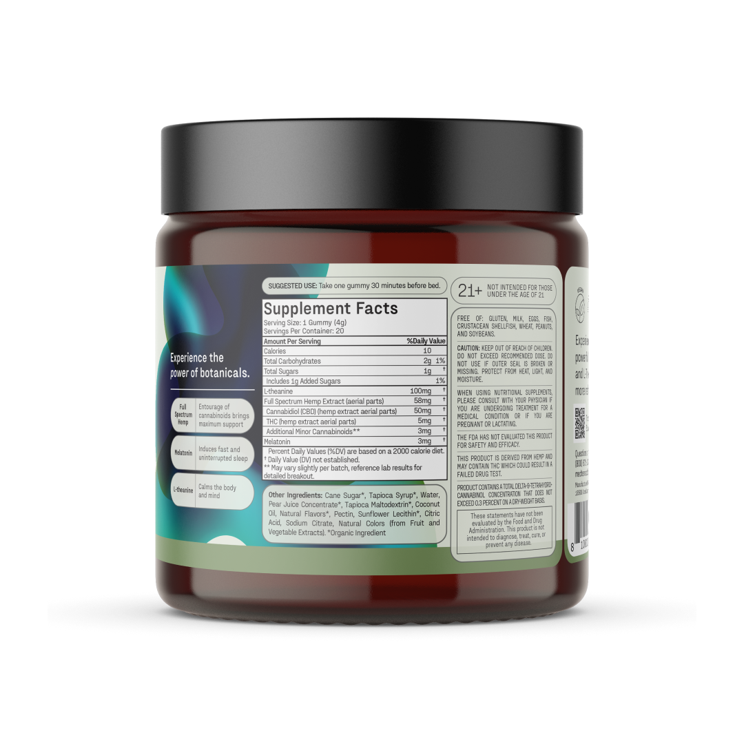 A jar of Sound Asleep CBD Gummies by Medterra, featuring a black lid, transparent body, and various labels. The label includes supplement facts, ingredients, directions for suggested use, and marketing text highlighting the benefits of botanicals. This melatonin supplement is intended for adults seeking natural sleep aids.