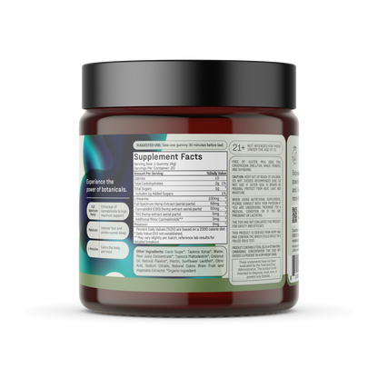 A jar of Sound Asleep CBD Gummies by Medterra, featuring a black lid, transparent body, and various labels. The label includes supplement facts, ingredients, directions for suggested use, and marketing text highlighting the benefits of botanicals. This melatonin supplement is intended for adults seeking natural sleep aids.