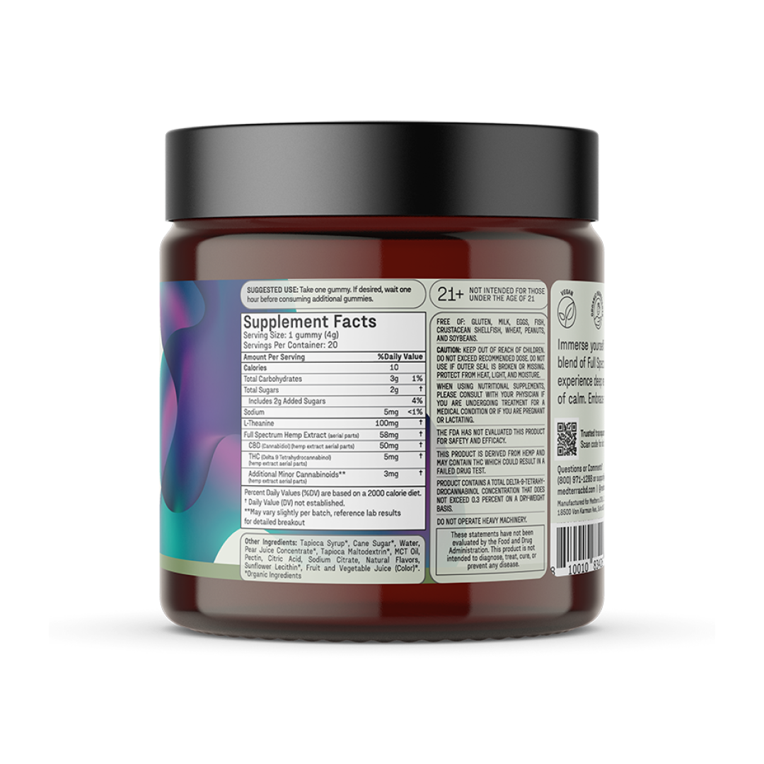 A jar of Unwind CBD Gummies by Medterra with a black lid, featuring a colorful wavy design on the label. The backside displays Supplement Facts and an ingredients list in a printed format. The jar, specifically formulated for stress relief, is set against a plain white background.