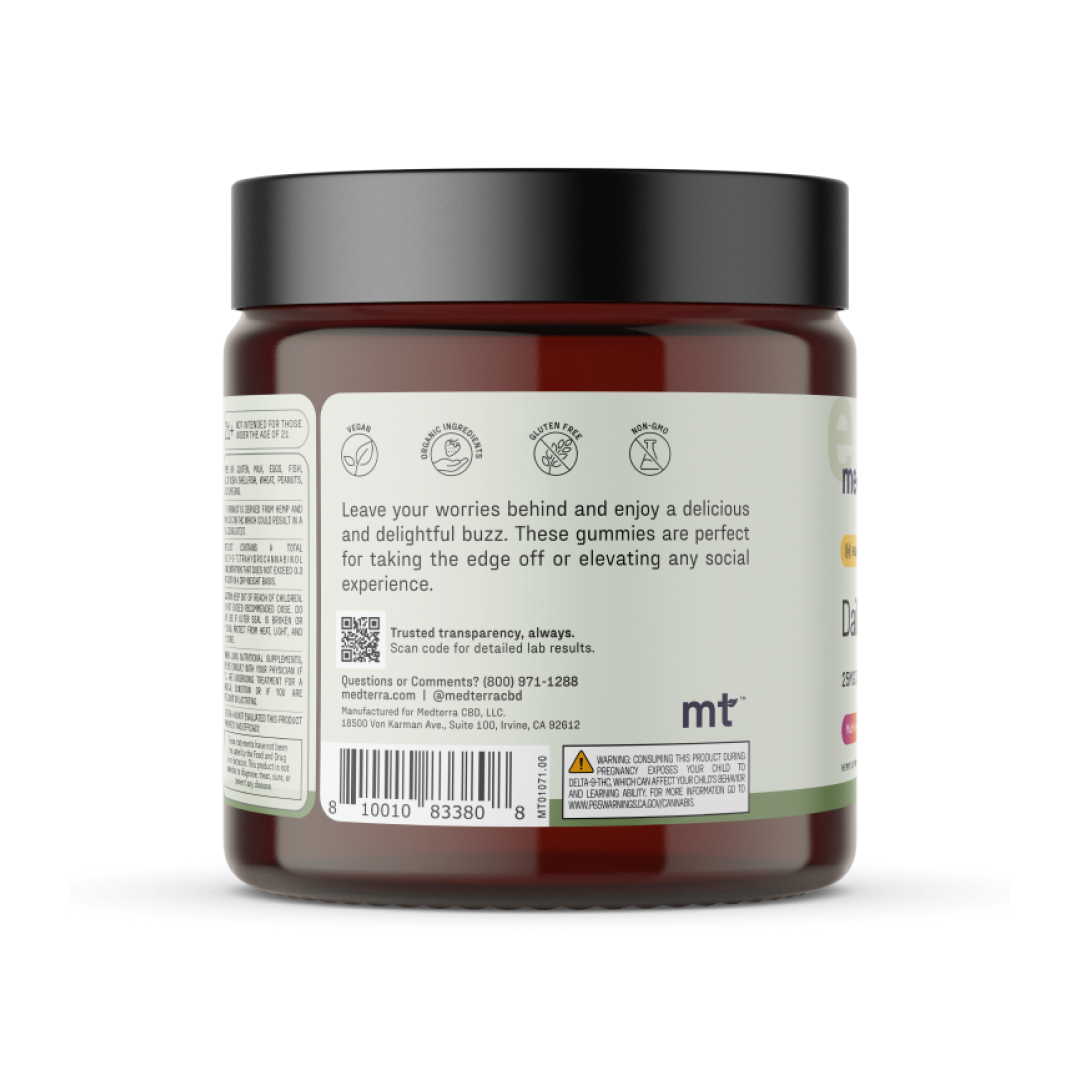 A round, dark amber jar with a black lid is labeled with information about Daily Delight CBD Gummies by Medterra. The label includes usage instructions, a list of ingredients, and branding details. The text highlights the benefits of the CBD gummies and provides contact information for any questions or comments.