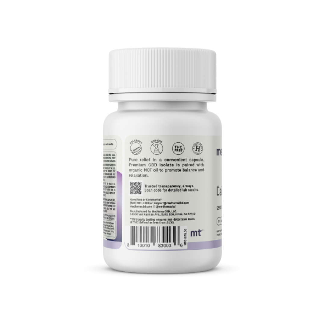 A white bottle of Daily Relief CBD Isolate Capsules labeled "Medterra" is displayed, featuring icons and text highlighting its benefits, such as being THC-free and incorporating organic MCT coconut oil. The label notes that the product contains CBD isolate. A barcode and further product details are also visible.