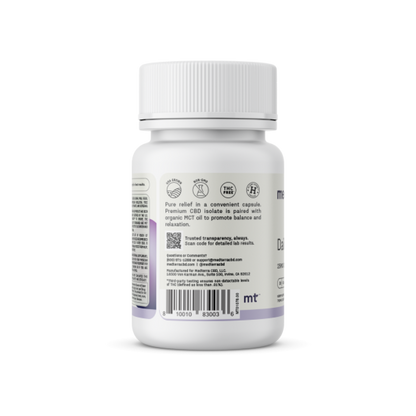 A white bottle of Daily Relief CBD Isolate Capsules labeled "Medterra" is displayed, featuring icons and text highlighting its benefits, such as being THC-free and incorporating organic MCT coconut oil. The label notes that the product contains CBD isolate. A barcode and further product details are also visible.