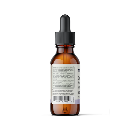 A brown glass dropper bottle with a black cap and pipette, perfect for Daily Relief CBD Isolate Oil by Medterra. The bottle features a white label with text, ingredients, and barcode. Seen from the back, the dropper inside reveals some of the liquid contents. The background is white.