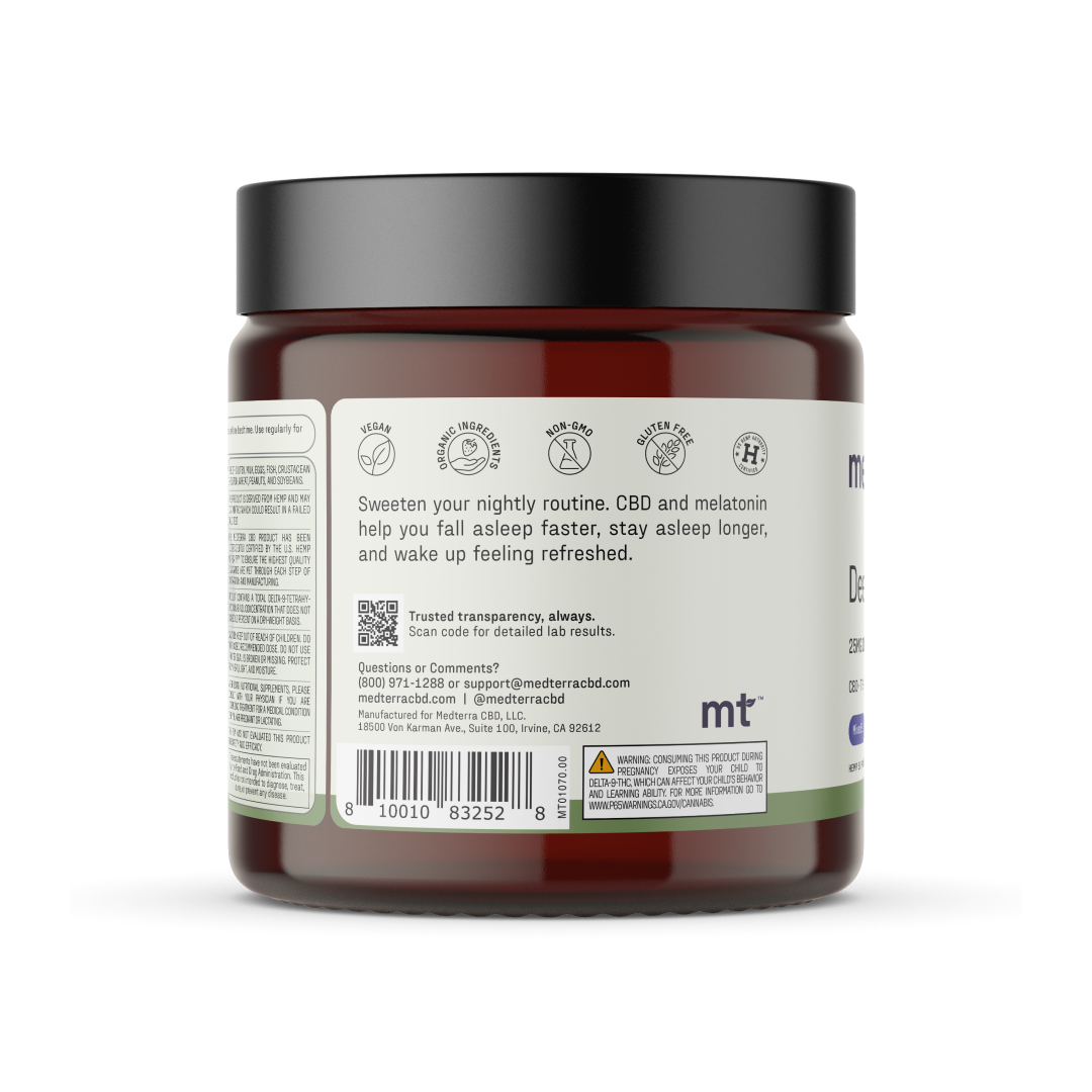 A jar of Medterra Deep Sleep CBD Gummies with an amber-colored body and black lid. The label features supplement facts, icons indicating product benefits, a QR code for lab results, and contact information including a phone number and website.