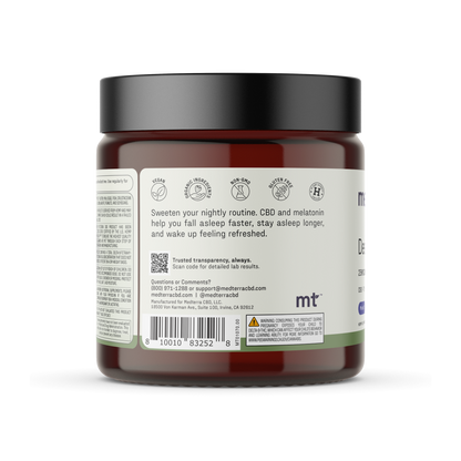 A jar of Medterra Deep Sleep CBD Gummies with an amber-colored body and black lid. The label features supplement facts, icons indicating product benefits, a QR code for lab results, and contact information including a phone number and website.