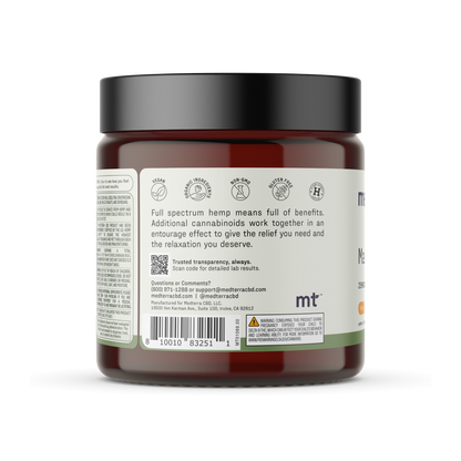 The Max Relief Full Spectrum CBD Gummies by Medterra come in a brown jar with a black lid. The label on the jar details the benefits of Full Spectrum Hemp Extract, highlighting additional cannabinoids and mentioning the entourage effect for enhanced relief and relaxation. It also prominently features contact information, a QR code, and CBD gummies.