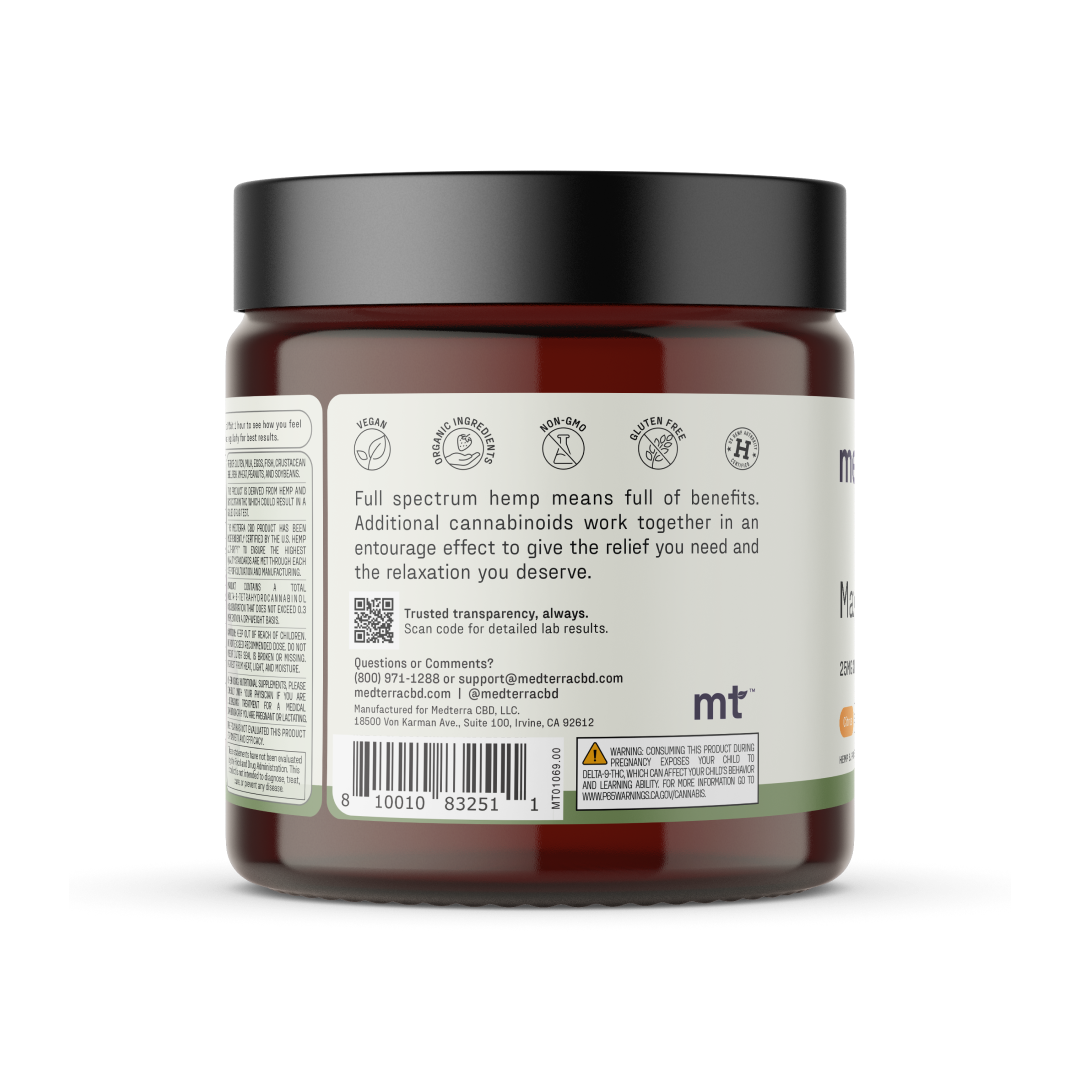The Max Relief Full Spectrum CBD Gummies by Medterra come in a brown jar with a black lid. The label on the jar details the benefits of Full Spectrum Hemp Extract, highlighting additional cannabinoids and mentioning the entourage effect for enhanced relief and relaxation. It also prominently features contact information, a QR code, and CBD gummies.