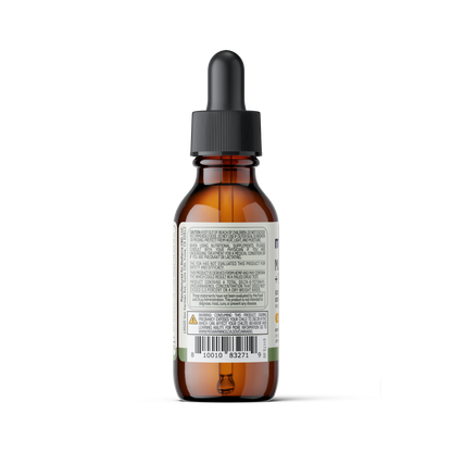 A brown glass dropper bottle with a black screw cap and dropper. The bottle, labeled "Max Relief + Relax Full Spectrum CBD Oil," features a white label with detailed text and a barcode at the bottom. Set against a white background, the label appears to include warnings, ingredient information, and promotes relief and relaxation support under the brand name "Medterra.