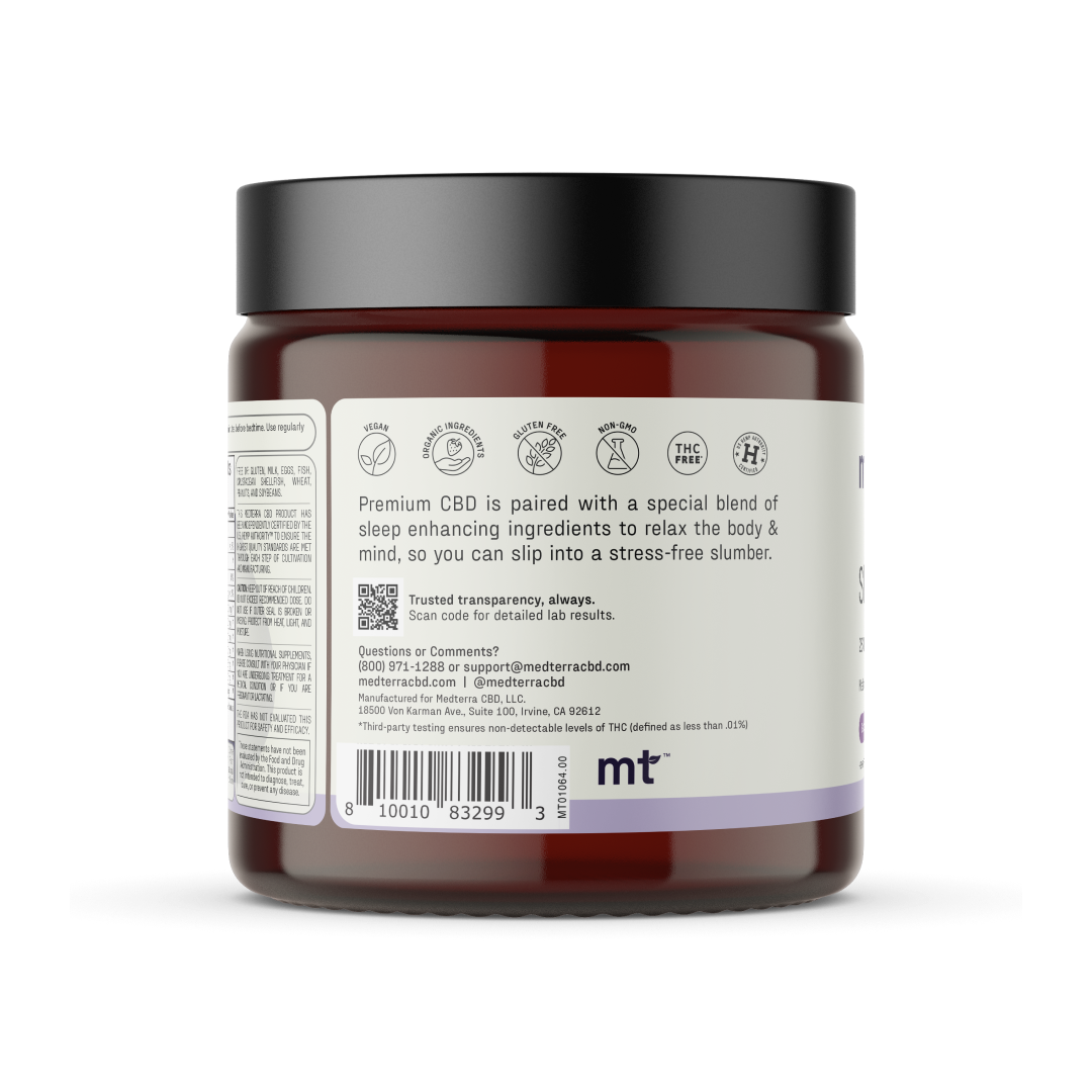 A brown jar with a black lid contains Medterra's Sleep Tight CBD Gummies. The label emphasizes the use of CBD and melatonin for a stress-free slumber, offering powerful sleep support. Various informational icons are visible on the label. The jar sits against a plain background.
