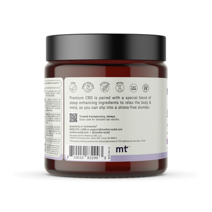 A brown jar with a black lid contains Medterra's Sleep Tight CBD Gummies. The label emphasizes the use of CBD and melatonin for a stress-free slumber, offering powerful sleep support. Various informational icons are visible on the label. The jar sits against a plain background.