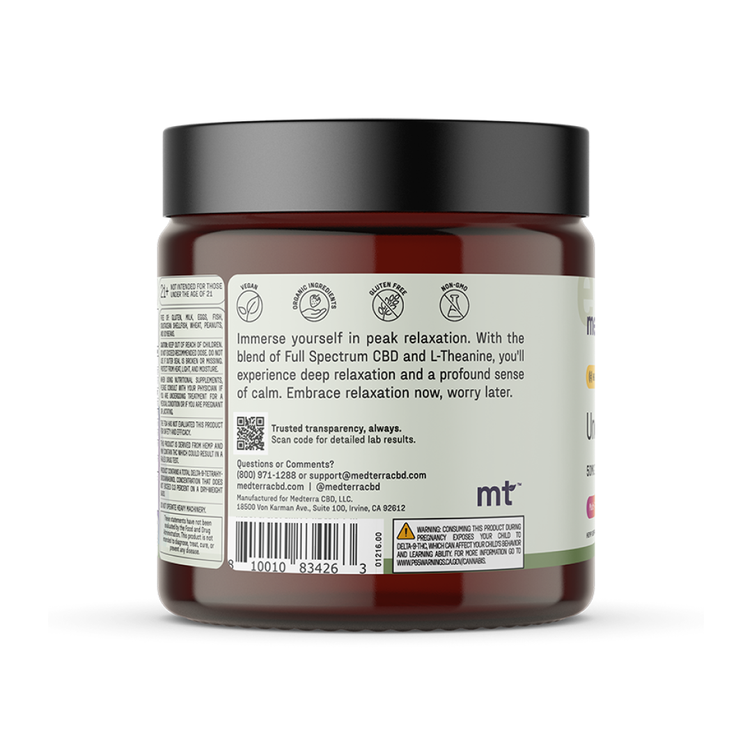 A dark amber cylindrical container with a black lid, featuring text promoting the stress relief benefits of Unwind CBD Gummies containing Full Spectrum CBD and L-Theanine. Contact information and a QR code are visible at the bottom, along with product branding that includes the Medterra logo.