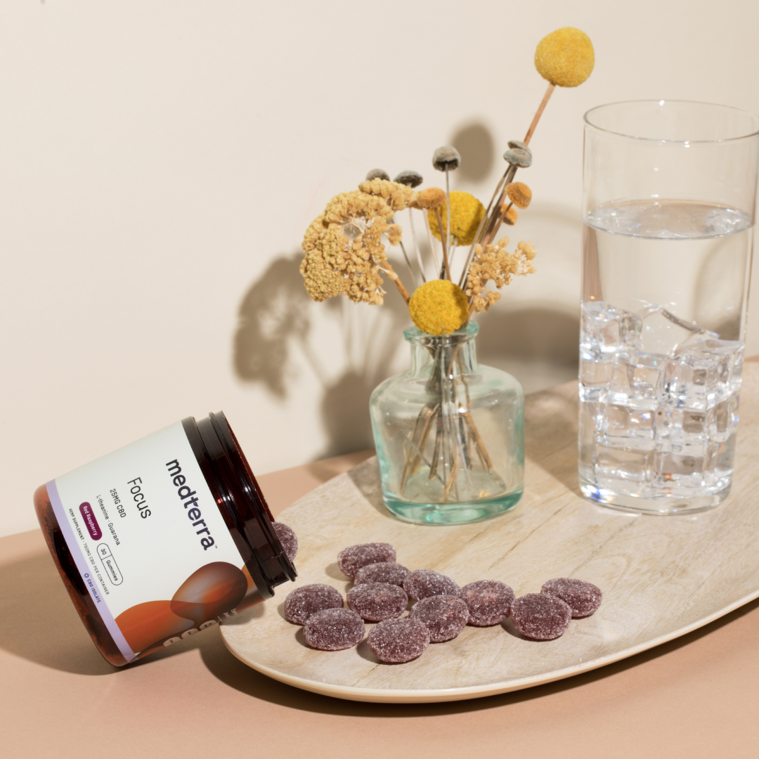 A jar labeled "Focus CBD Gummies" from Medterra lies on its side, spilling out purple gummies onto a wooden tray. The tray also holds a glass of water with ice and a small vase containing dried flowers. The background is a neutral beige color.