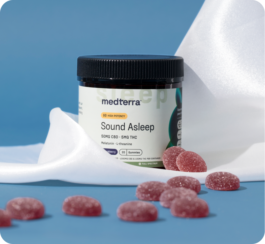 A jar of Medterra Sound Asleep gummies is displayed on a blue surface with a white cloth draped behind it. The label reveals these sleep gummies contain 50mg of CBD and 5mg of THC, plus melatonin and L-theanine. Several red gummy pieces are scattered in front.