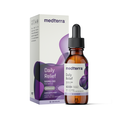 A box and a bottle of Medterra Daily Relief CBD Isolate Oil are shown side by side. The white box, adorned with purple and blue abstract designs, indicates 500mg of isolate CBD per bottle. The brown glass bottle features a dropper cap and showcases a similar label design as the box, ensuring consistency.