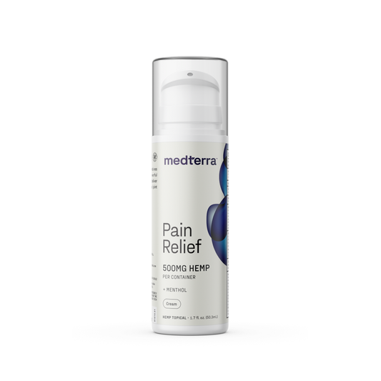 A white cylindrical bottle of Medterra Pain Relief Cream stands against a white background. The bottle is labeled "500mg Hemp per container" with "Menthol and Arnica," and "Cream." The design features a blue abstract graphic, making it ideal for arthritis and joint pain.