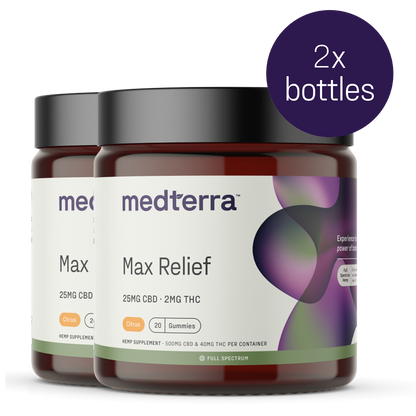 Two jars of Medterra Max Relief Full Spectrum CBD Gummies are shown, each containing 20 gummies with 25mg of CBD and 2mg of THC per gummy. Infused with Full Spectrum Hemp Extract, these gummies harness the entourage effect for enhanced relief. The label is white with green and purple accents, and a tag indicates "2x bottles.
