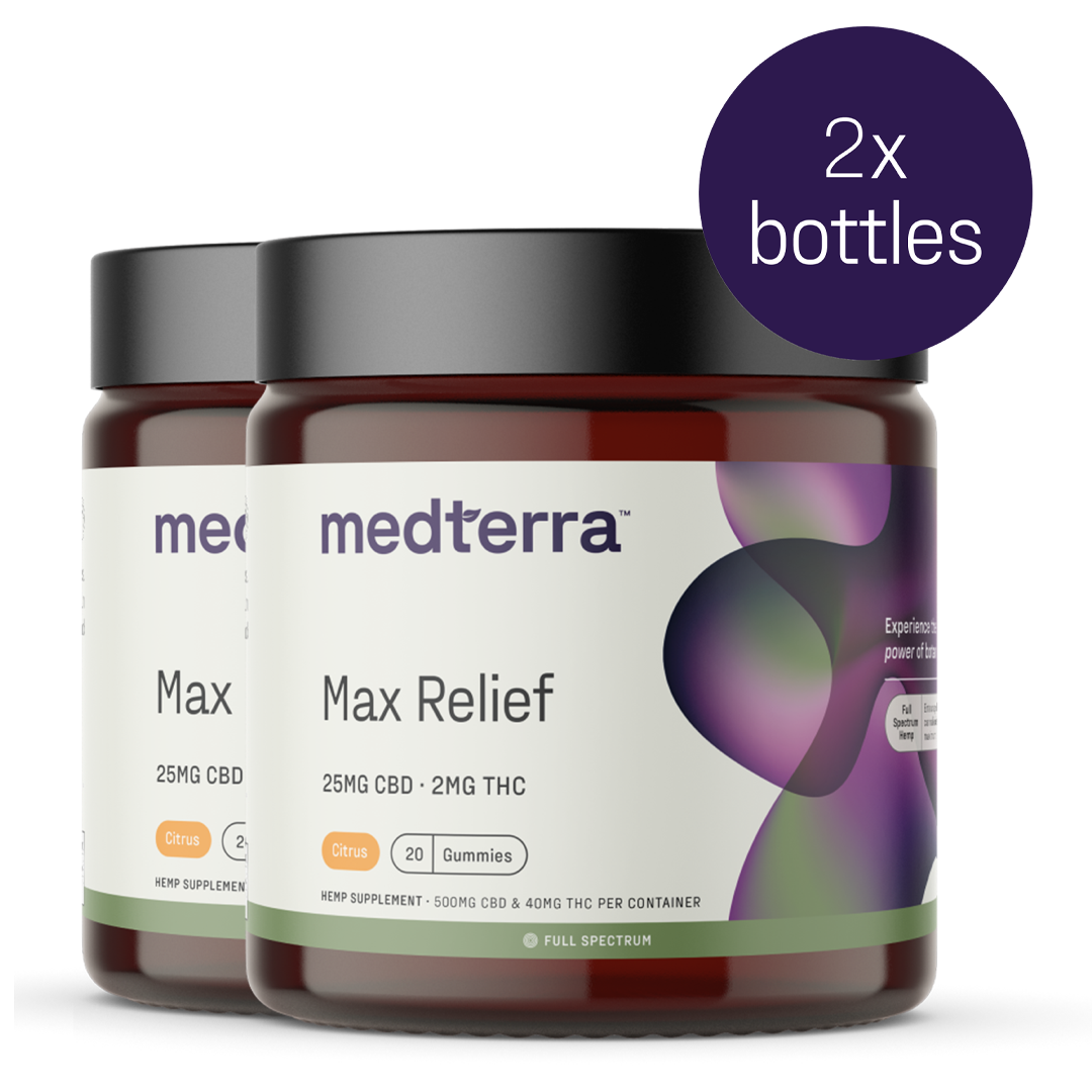 Two jars of Medterra Max Relief Full Spectrum CBD Gummies are shown, each containing 20 gummies with 25mg of CBD and 2mg of THC per gummy. Infused with Full Spectrum Hemp Extract, these gummies harness the entourage effect for enhanced relief. The label is white with green and purple accents, and a tag indicates "2x bottles.