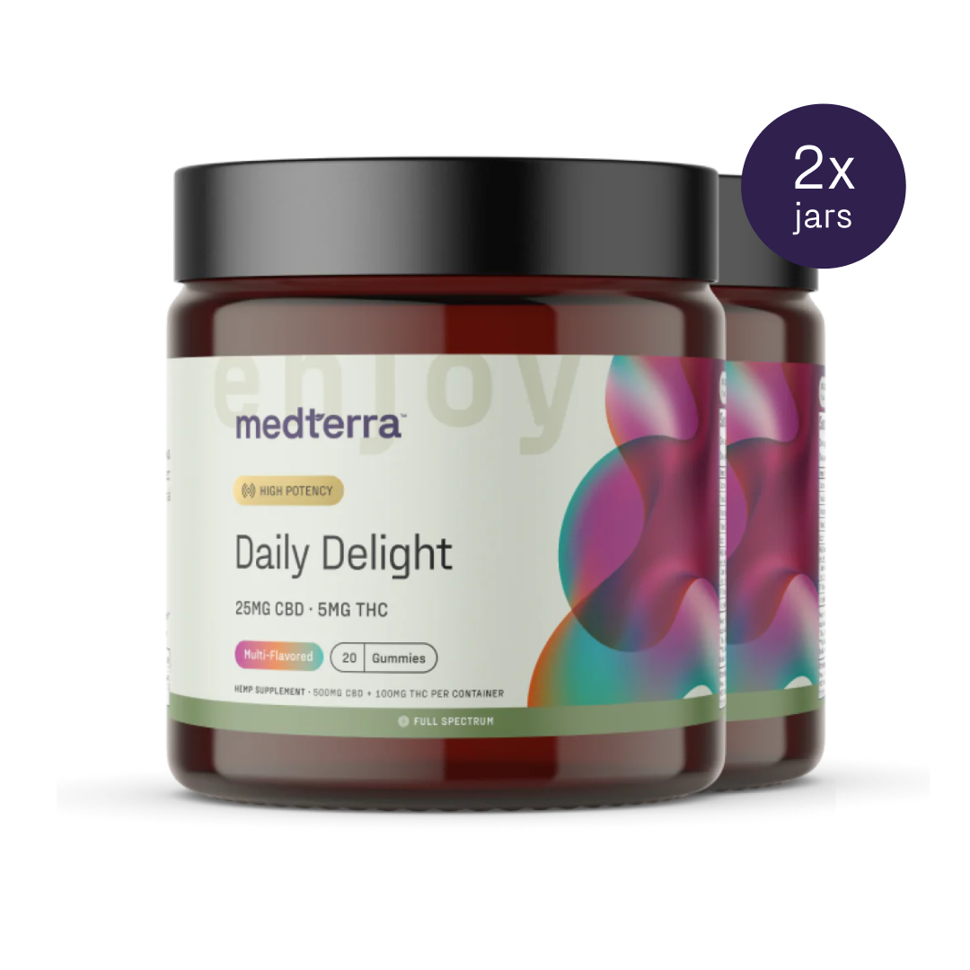 The image displays two jars of Medterra Daily Delight CBD Gummies. Each jar is labeled as high potency, containing 25mg of CBD and 5mg of THC per gummy. They come in multi-flavored packs with 20 gummies per jar. A circular label specifies that there are 2 jars included.
