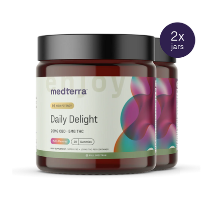 The image displays two jars of Medterra Daily Delight CBD Gummies. Each jar is labeled as high potency, containing 25mg of CBD and 5mg of THC per gummy. They come in multi-flavored packs with 20 gummies per jar. A circular label specifies that there are 2 jars included.
