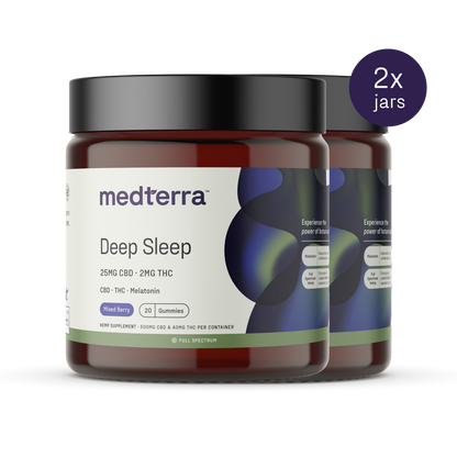 Two jars of Medterra's "Deep Sleep CBD Gummies," each containing 20 mixed berry-flavored gummies with 25mg CBD, 2mg THC, and melatonin per serving. The label underscores their Full Spectrum Hemp Extract for promoting sleep and includes a purple circle marking "2x jars.