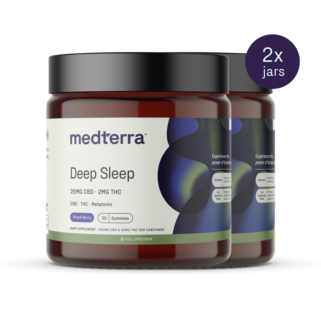 Two jars of Medterra's "Deep Sleep CBD Gummies," each containing 20 mixed berry-flavored gummies with 25mg CBD, 2mg THC, and melatonin per serving. The label underscores their Full Spectrum Hemp Extract for promoting sleep and includes a purple circle marking "2x jars.