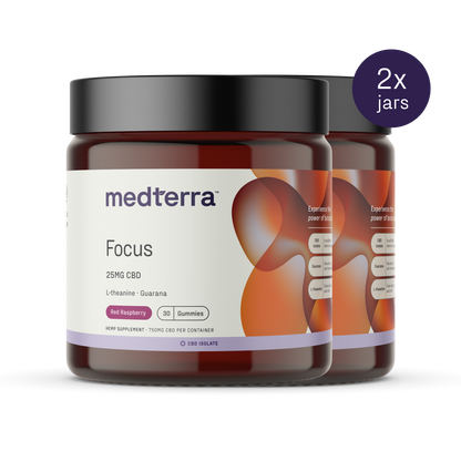 Two jars of Medterra Focus CBD Gummies containing 25mg of CBD, L-theanine, and guarana for sustained energy. The label indicates "Red Raspberry" flavor and "30 gummies." The dark amber jars with black lids feature a purple and orange design. A text circle states "2x jars.