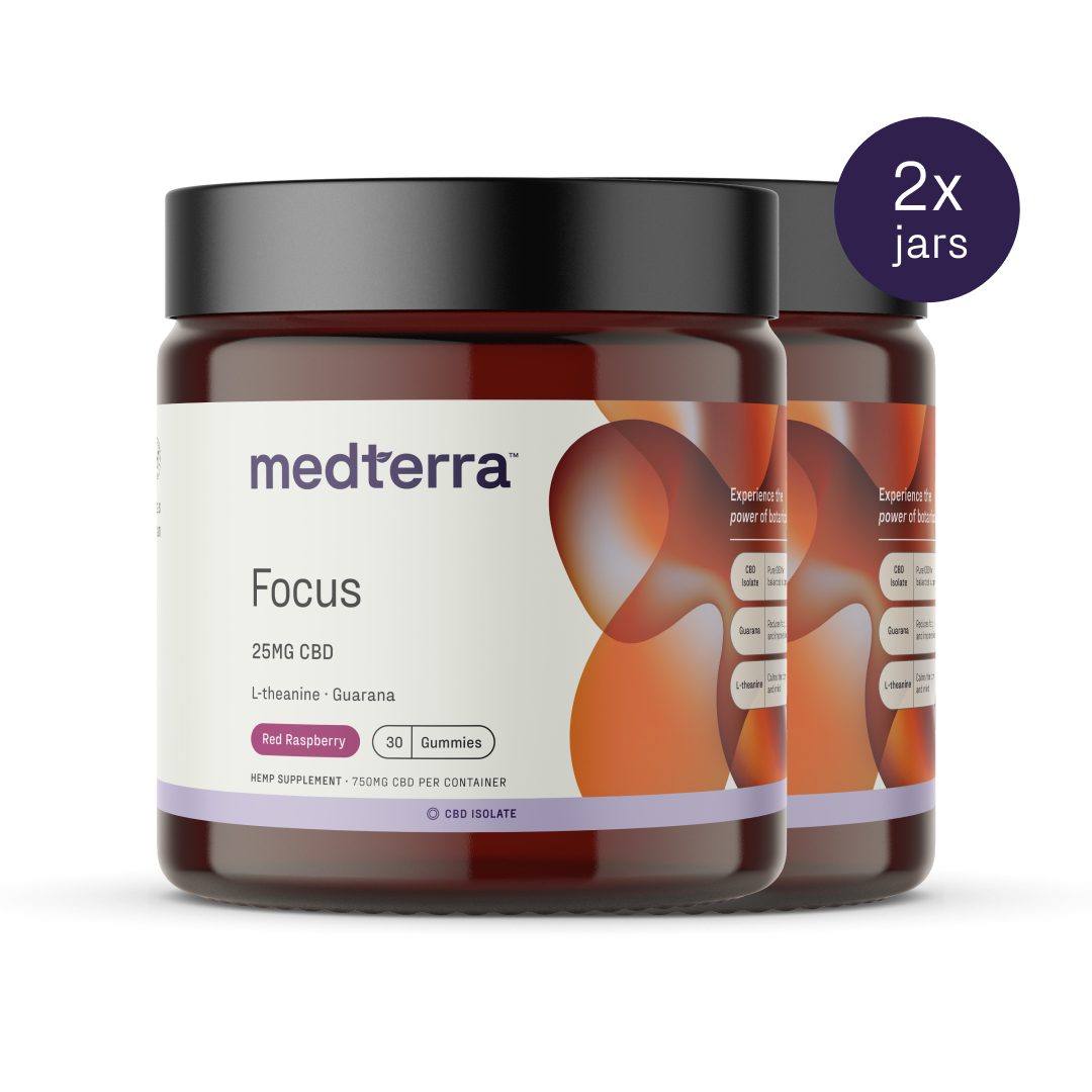 Two jars of Medterra Focus CBD Gummies containing 25mg of CBD, L-theanine, and guarana for sustained energy. The label indicates "Red Raspberry" flavor and "30 gummies." The dark amber jars with black lids feature a purple and orange design. A text circle states "2x jars.